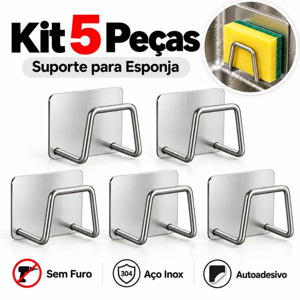 Kit 5 suportes de esponja em inox 304 autoadesivos