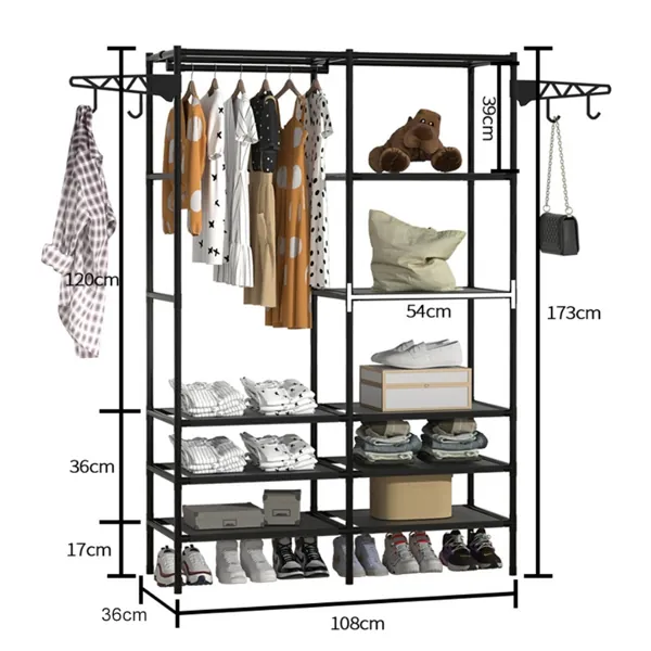 Arara closet portátil com 2 divisórias, cabideiro e prateleiras