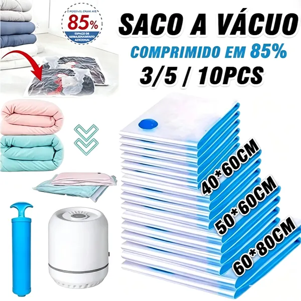 Kit de sacos a vácuo para roupas, com ou sem bomba manual (3, 5 ou 10 unidades)