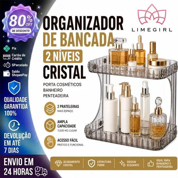 Organizador de bancada 2 níveis transparente para cosméticos
