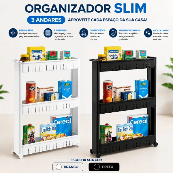 Carrinho organizador slim de 3 andares com rodinhas