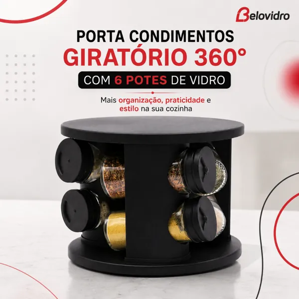 Porta-temperos giratório 360° com 6 potes de vidro