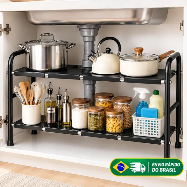 Prateleira para embaixo da pia, 2 andares, extensível de 53 a 68 cm